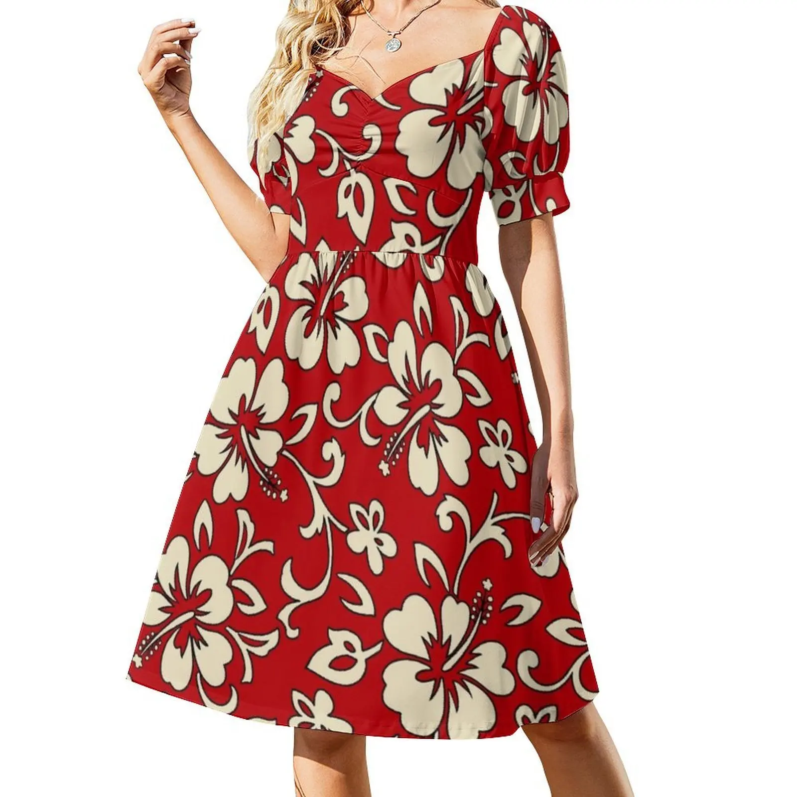 ماليا هاواي الكركديه قميص طباعة الأحمر فستان بفتحة عنق على شكل قلب أنيق الصيف فستان الحفلات للنساء الكركديه الأزهار هاواي #2