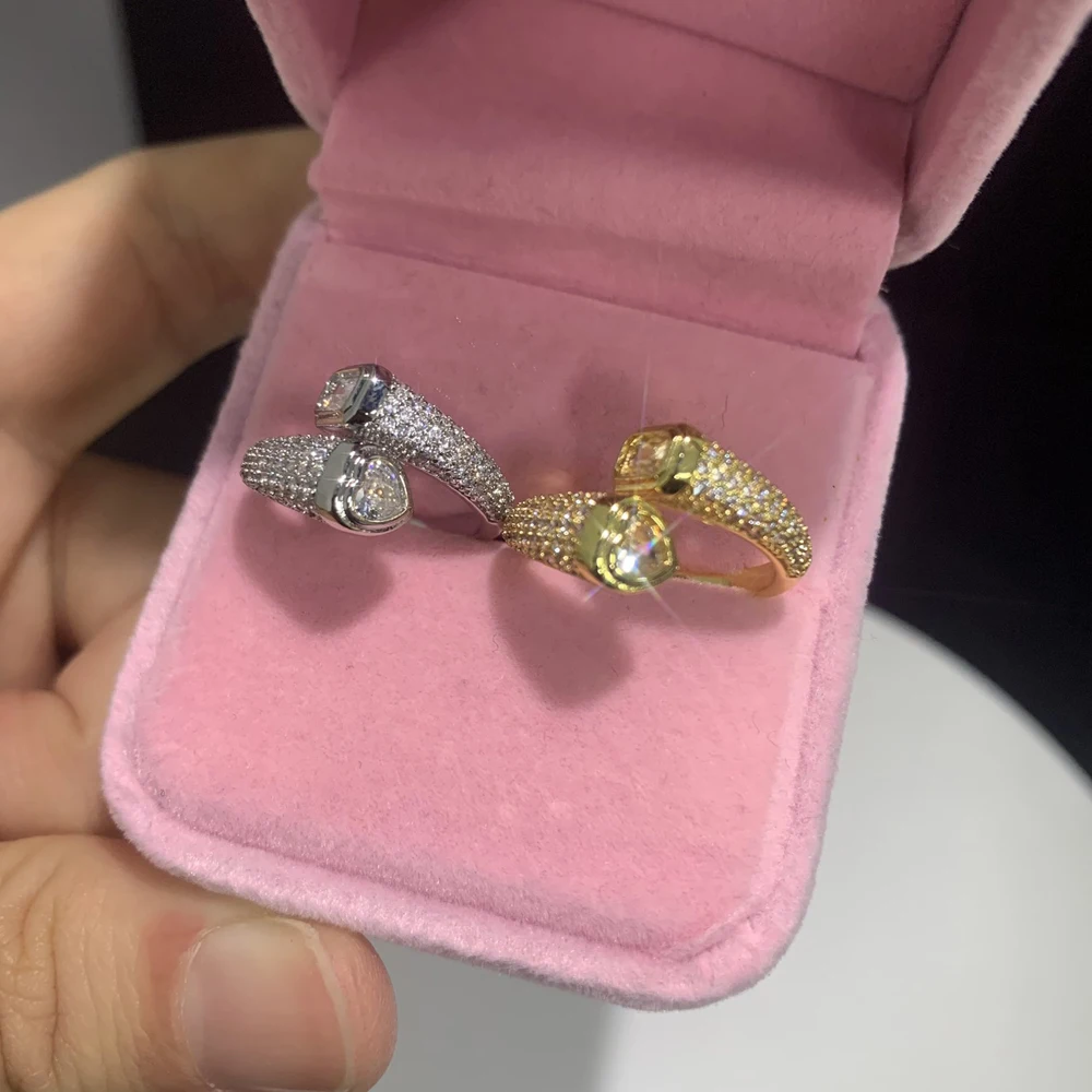 Geometric Rectangle Heart Shaped Micro Paved 5A Sparking Cubic Zirconia CZ Open Adjusted Women Pinky Rings