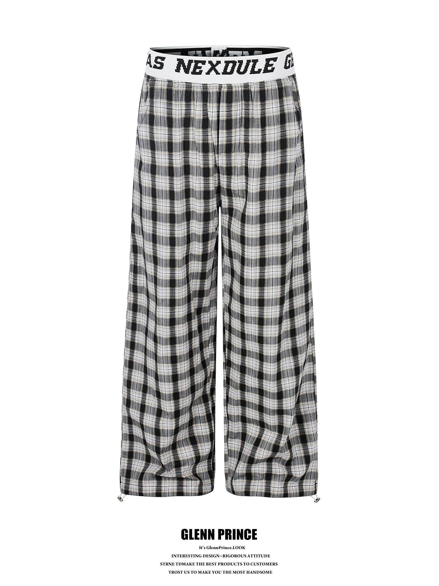 American Retro Plaid Color Block Elastic Waist Casual Pants Men's New Design Sensation Leisure Straight Leg Long Trousers