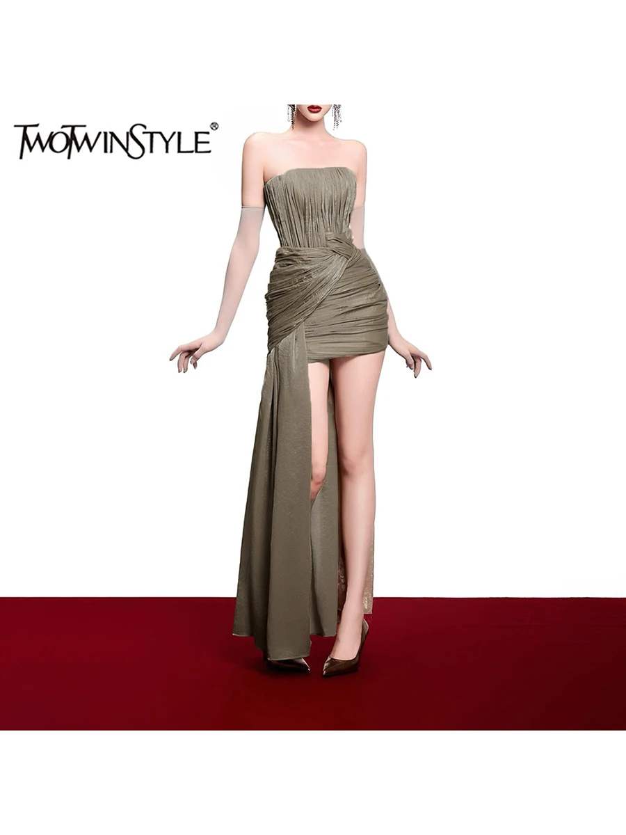 TWOTWINSTYLE Solid Spliced Ruched Slimming Maxi Dresses for Women Strapless Sleeveless Patchwork Zipper Split Dress Female New
