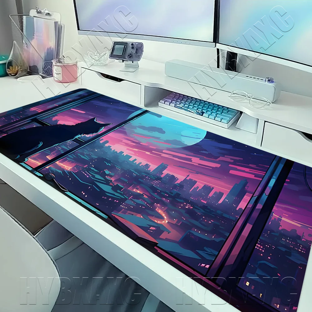 Alas Meja Ungu Alas Mouse Anime 100X50 Alas Mouse Kucing Hitam Keyboard Matt Xxl Vaporwave Neon City Cat Alas Meja Diperpanjang untuk Gamer