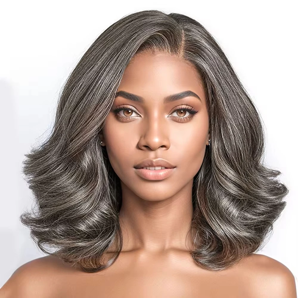 

14Inch 210 Density Salt and Pepper Loose Wave Lace Front Human Hair Wig Pre Plucked Short Bob Glueless Wig Pre Plucked For Women