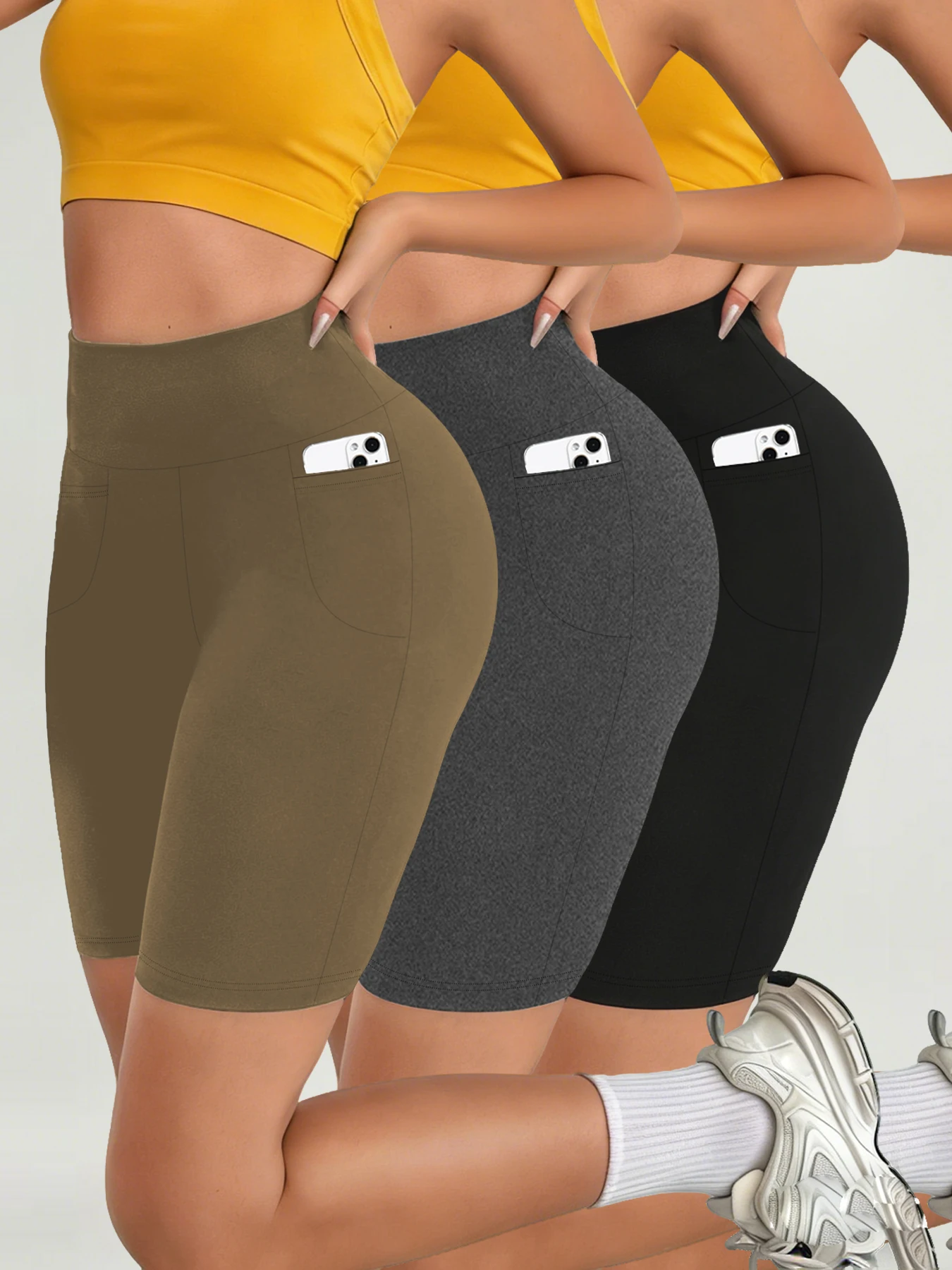 

3 шт. шорт для фитнеса для женщин, с высокой талией, велосипедного кроя, с карманами, очень мягкие, непрозрачные, с эффектом утягивания живота