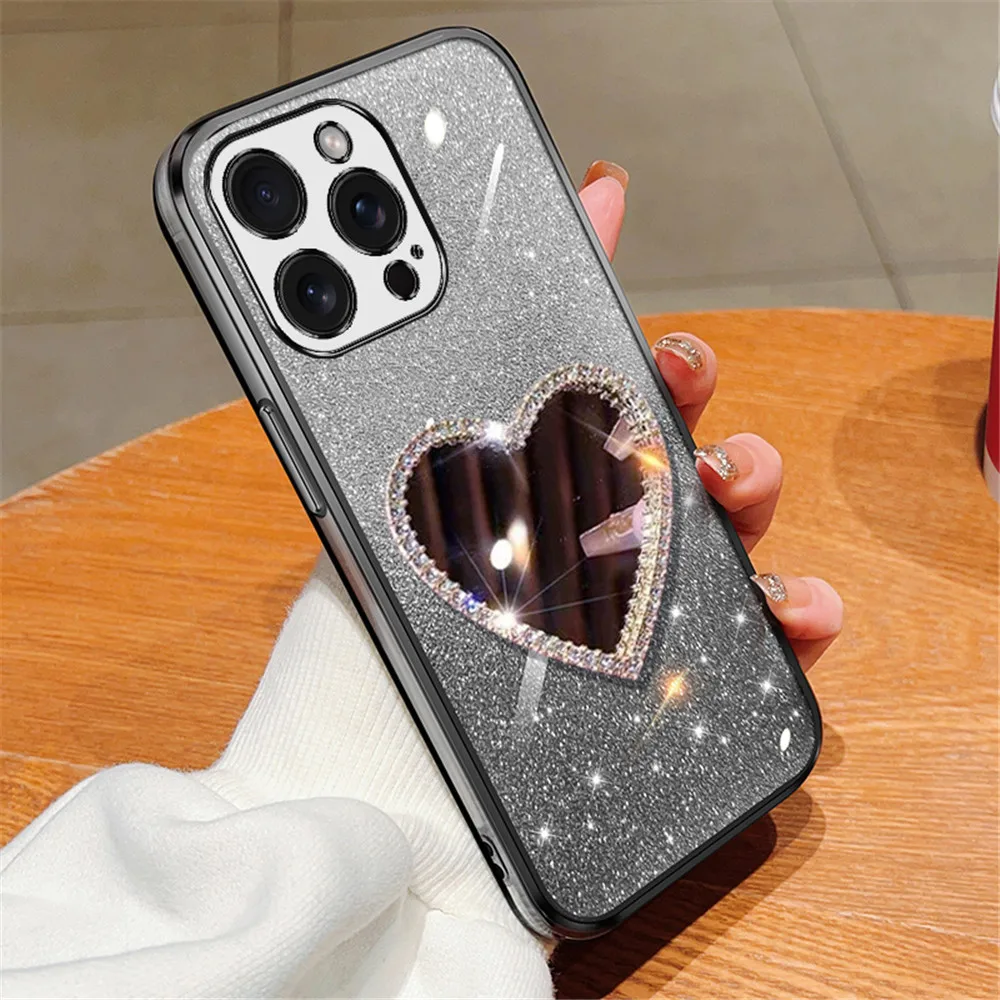 Gradient Glitter Phone Case For Samsung A52 A50 A32 A22 A12 A31 A70 A51 A30 A71 A72 4G 5G Diamond Heart Makeup Mirror Back Cover