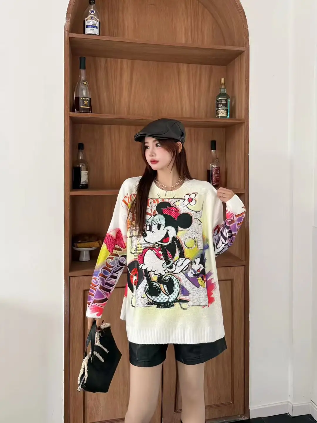 Sweater for Women Fashion Cartoon Print Long Sleeve Round Neck Rhinestone Spring Autumn Korean Style Loose Knitted Top