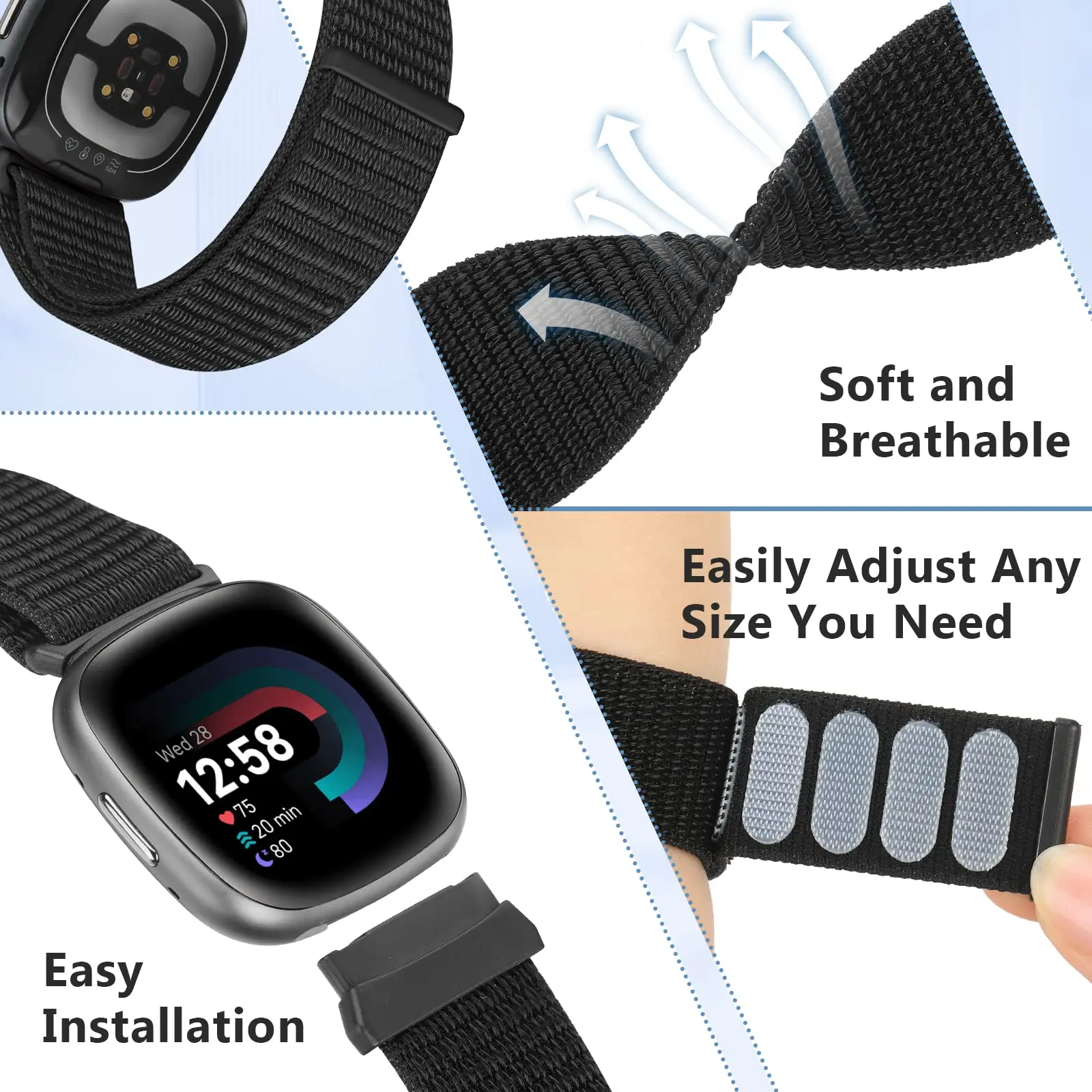 حزام حلقة من النايلون لـ Fitbit Versa 4/Versa 3 حزام سوار قابل للتنفس Correa لـ Fitbit Sense 2/Sense ملحقات حزام الساعات الرياضية