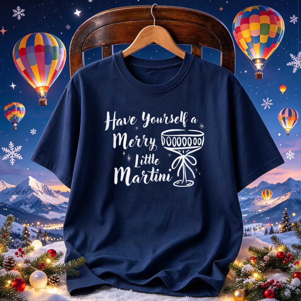Have Yourself A Merry Little Martini Graphic T Shirt Cocktail Glass Bow Print Crew Neck Funny Christmas Holiday Party Casual Tee