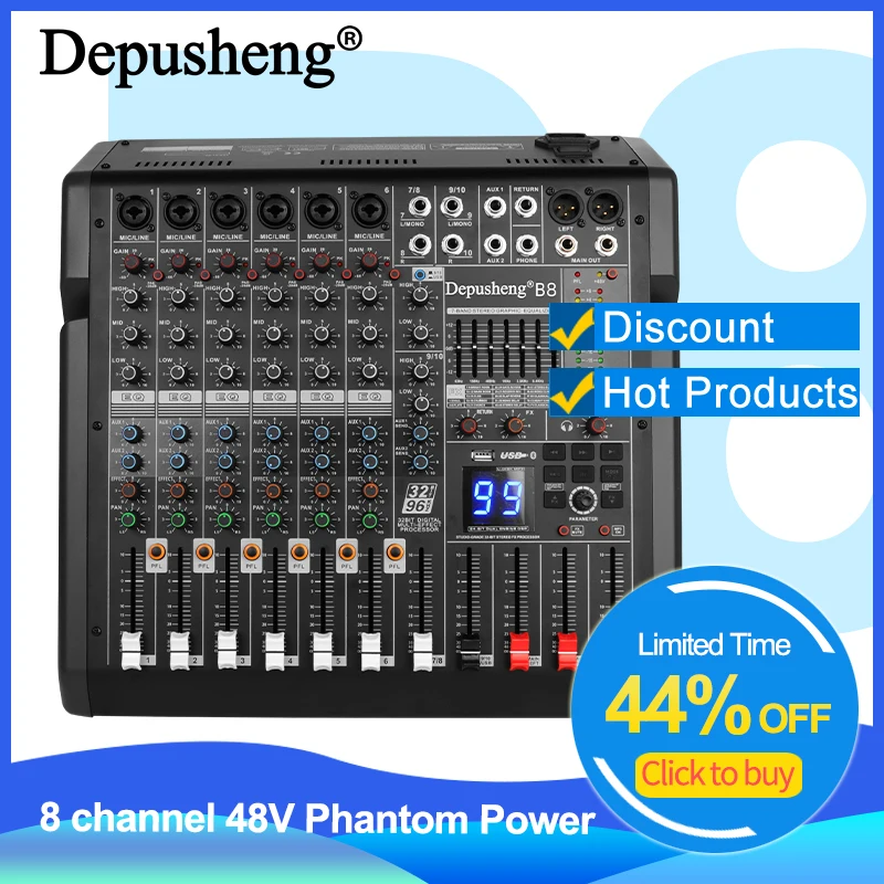 8 Channels Audio Mixer Depusheng B8 Sound Table Professional DJ Mixing Console Built in 99 DSP Digital Effects 48V Phantom Power