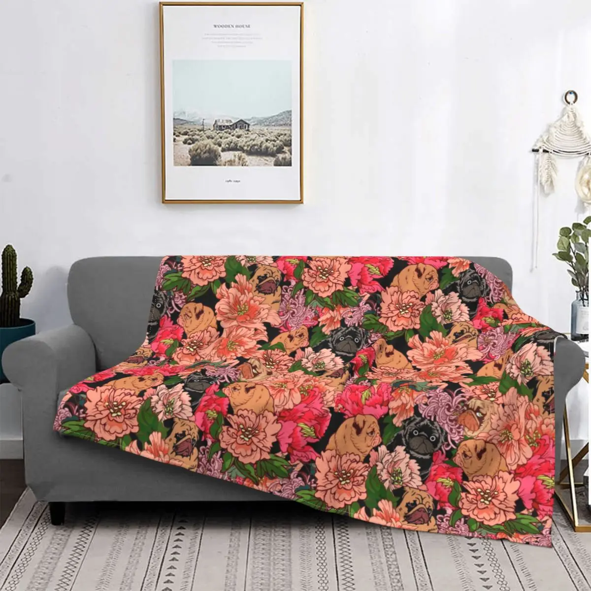 

Pugs Floral Blanket Fleece Textile Decor Dog Portable Warm Throw Blankets for Bedding Office Quilt