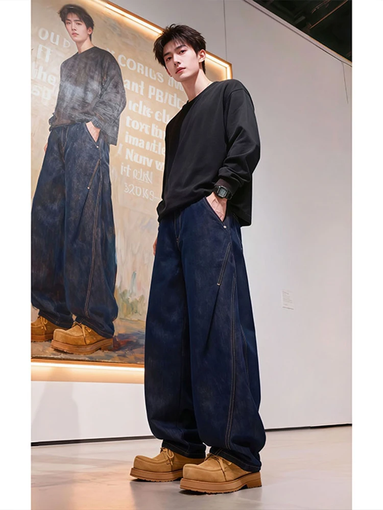 

Мужские джинсы American Retro Blue Knife: свободные, широкие, модные, брендовые, прямые, слегка расклешенные, с эффектом похудения