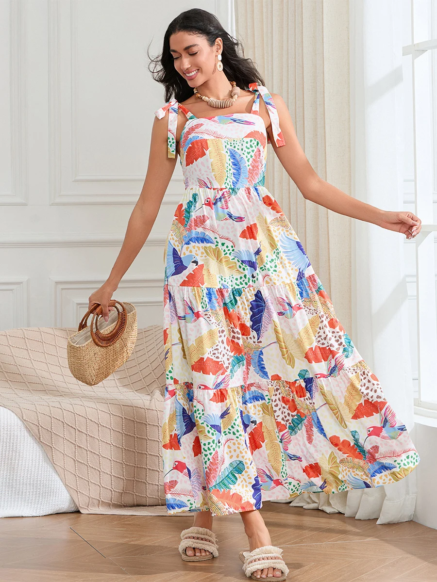 Abito lungo da donna estivo Cami con stampa a foglia cinturino con allacciatura collo quadrato senza maniche a-line Flowy Dresses Maxi per le vacanze al mare Boho