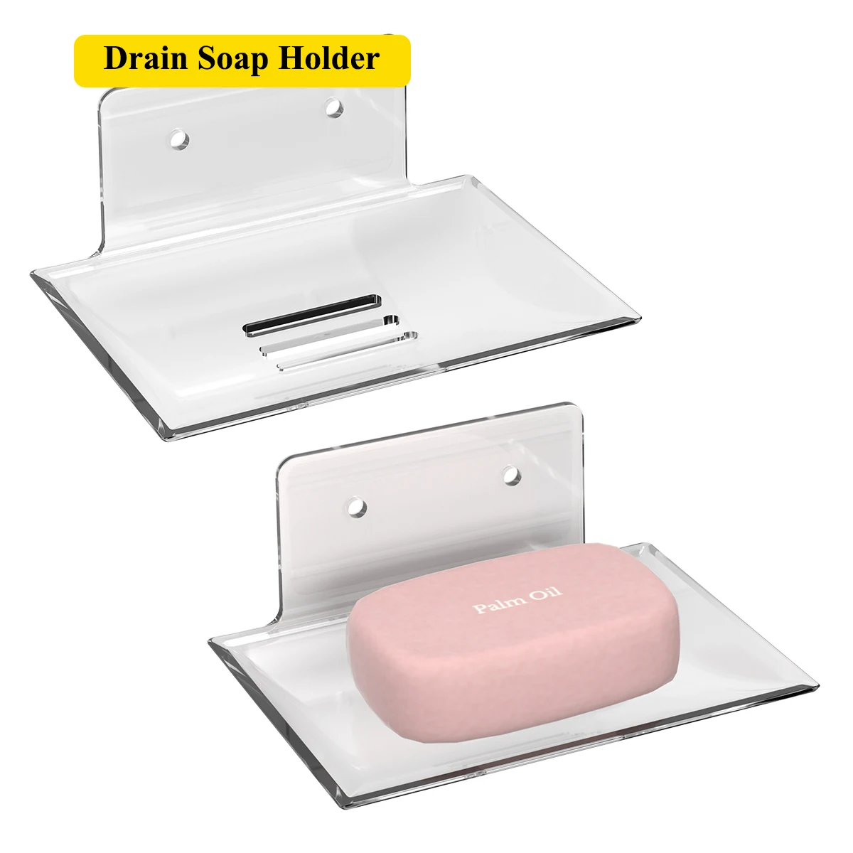 2 pcs Soap Holder with Drain for Shower Bathroom Kitchen No Drilling Wall Mounted Soap Rack Clear Plastic Material