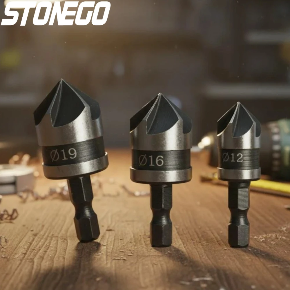 

Сверло с зенковкой STONEGO, диаметр 12 мм, 16 мм, 19 мм, 1 4 дюйма, шестигранный хвостовик, инструмент для снятия фаски под углом 90 градусов для деревообработки и металла