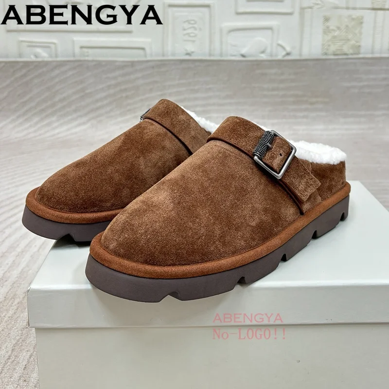 

Warm Winter Wool Half Flat Slippers Women Suede Leather Platform Slides Round Toe Casual Home Slippers Women Warm Fur Shoes 2026