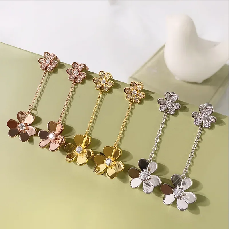 High Quality Three Leaf Flower Tassel Long Drop Earrings Sets With Gift Box For Women Wedding Fashion Jewelry