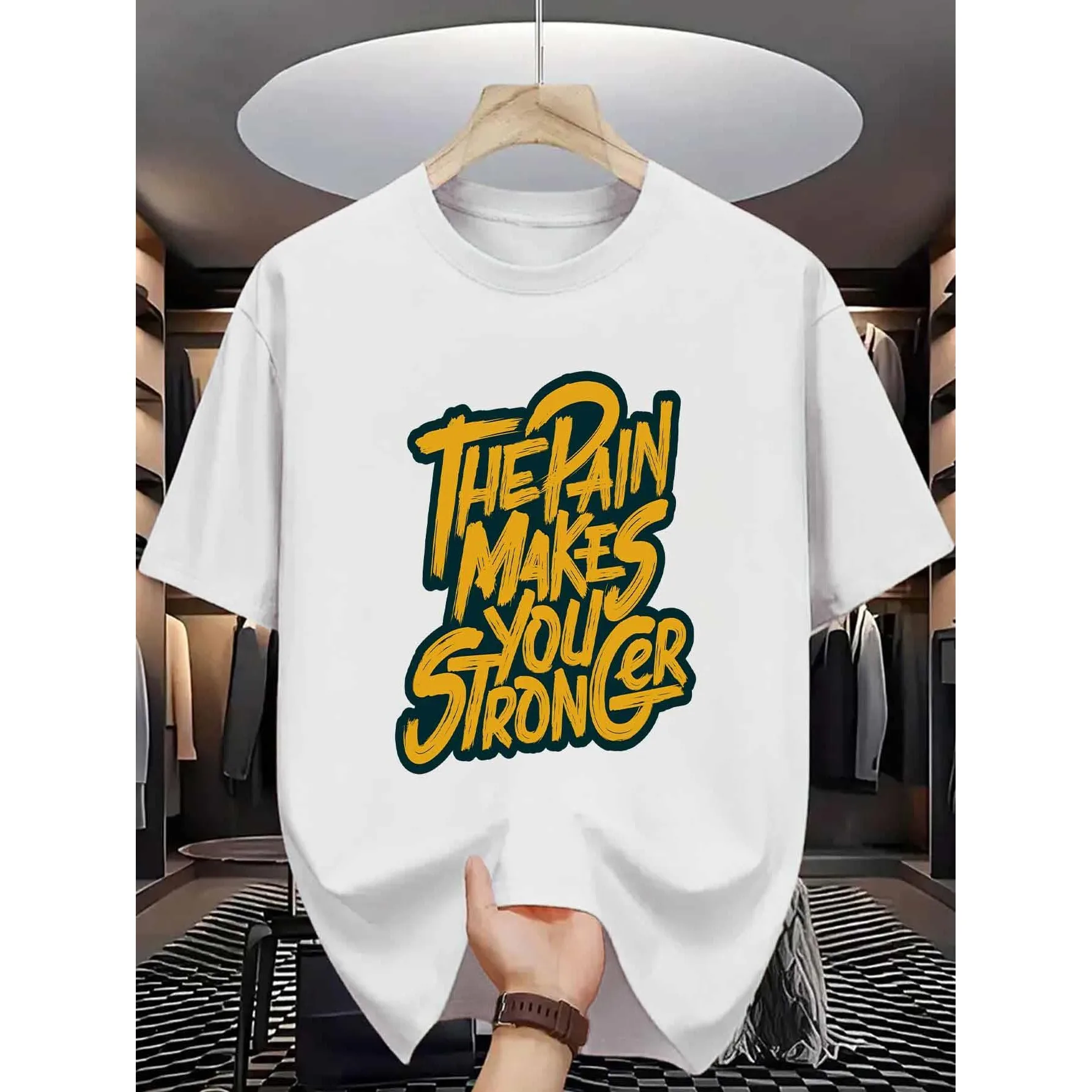 Pain Makes You Stronger Graphic Crew Neck T-Shirt Pure Cotton Short Sleeve Men's Casual Tee