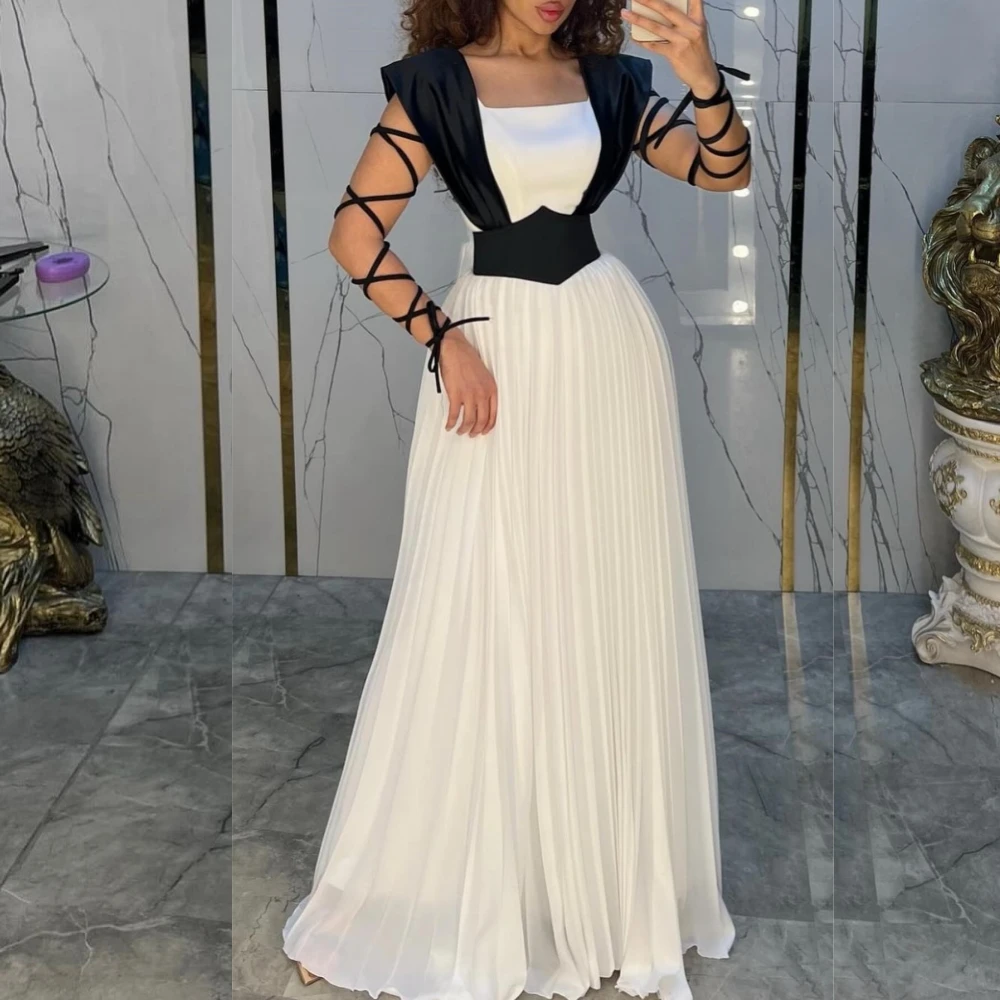 

Customized Satin Pleat Ribbon A-line Square Neck Long Dresses Prom Dresses Simple High Quality Elegant Sizes Available Retro