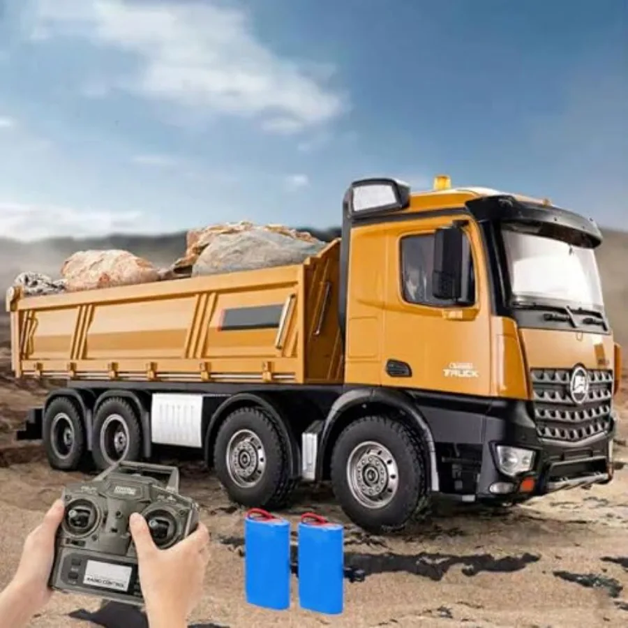 

1:14 Scale RC Dump Truck for outdoor play ABS plastic body red color dual batteries for extended runtime and 4WD with lights/so