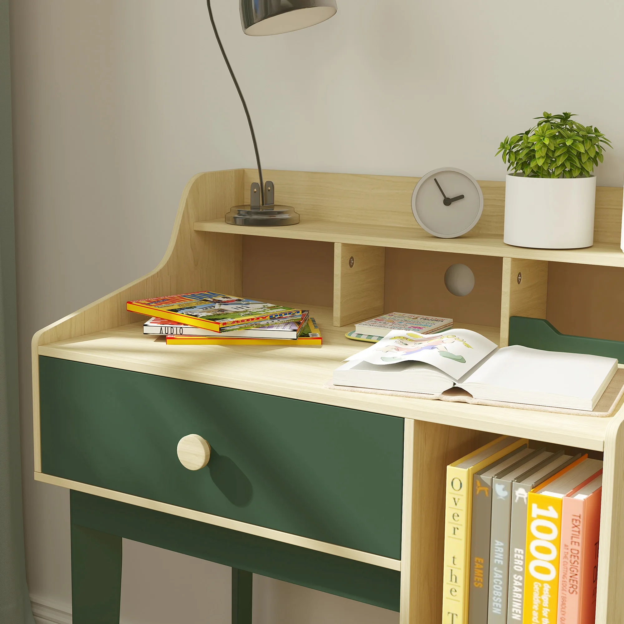 AIYAPLAY Kids Desk and Chair Set with Storage Shelves, Drawer, Kids Table and Chair Set for 3-10 Years, Green