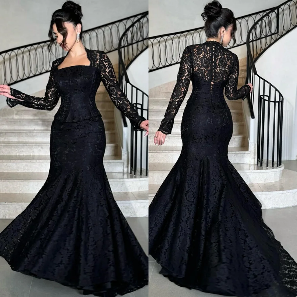 

Черное кружевное вечернее платье русалки по индивидуальному заказу, темпераментное платье без бретелек с длинными рукавами, платья для выпускного вечера, элегантное платье Vestido De Festa