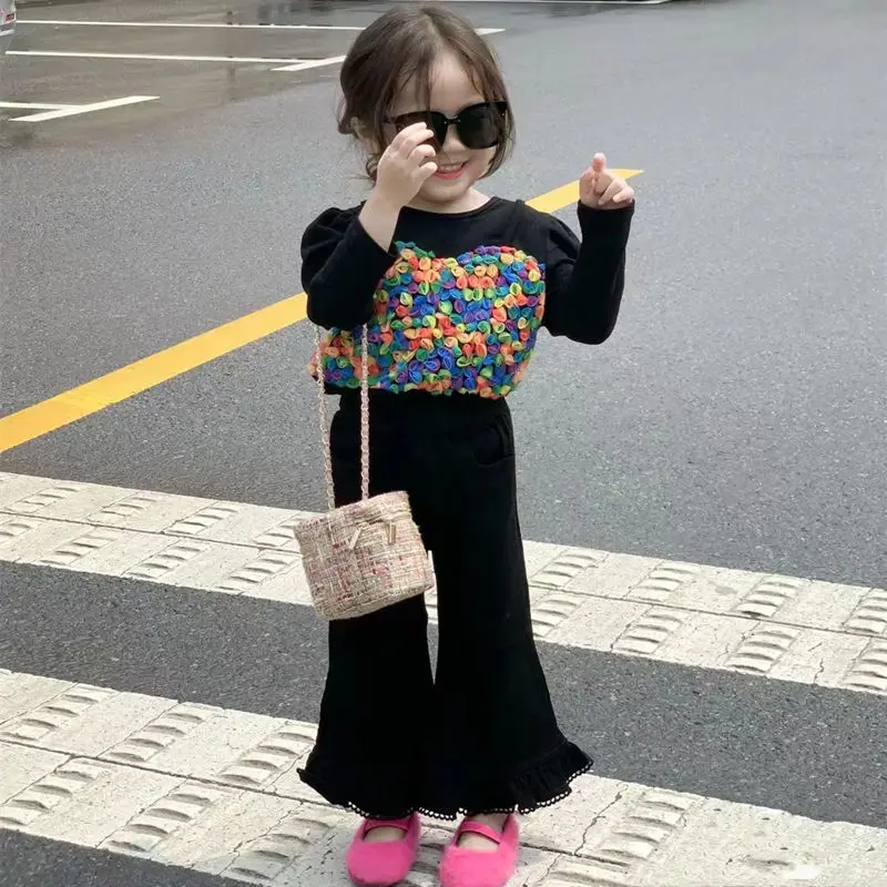 Girl Two Piece Set Autumn New 2024 Lovely Forest  Spliced Tops Black Bell-bottoms Casual Simple Fashion Sweet Korean Vintage