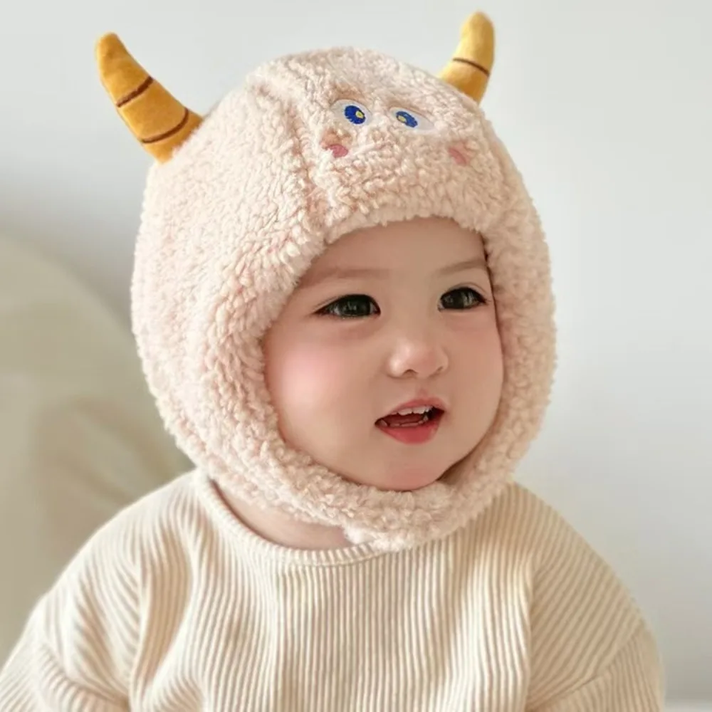 Cartoon Cow Horn Baby Winter Hat Lamb Earflaps Baby Beanie Warm Fleece Ear Protection Cap Outdoor