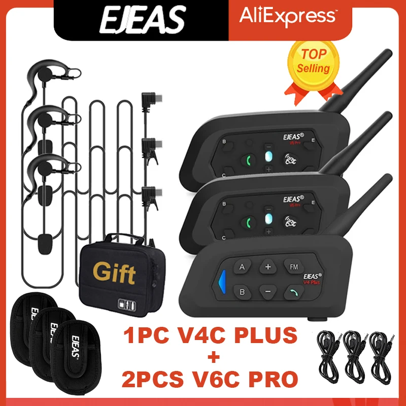 EJEAS-intercomunicador V4C PLUS + 2 piezas V6C PRO para 3 usuarios, auriculares de árbitro, 1200M, Full Duplex, Bluetooth, interfono para