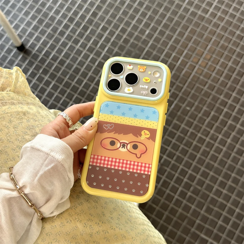 Kawaii Cartoon Bear Glasses Patchwork Phone Case For iPhone 15 16 17 Pro Max Korean Cute Star Dual Shockproof Protective Cover