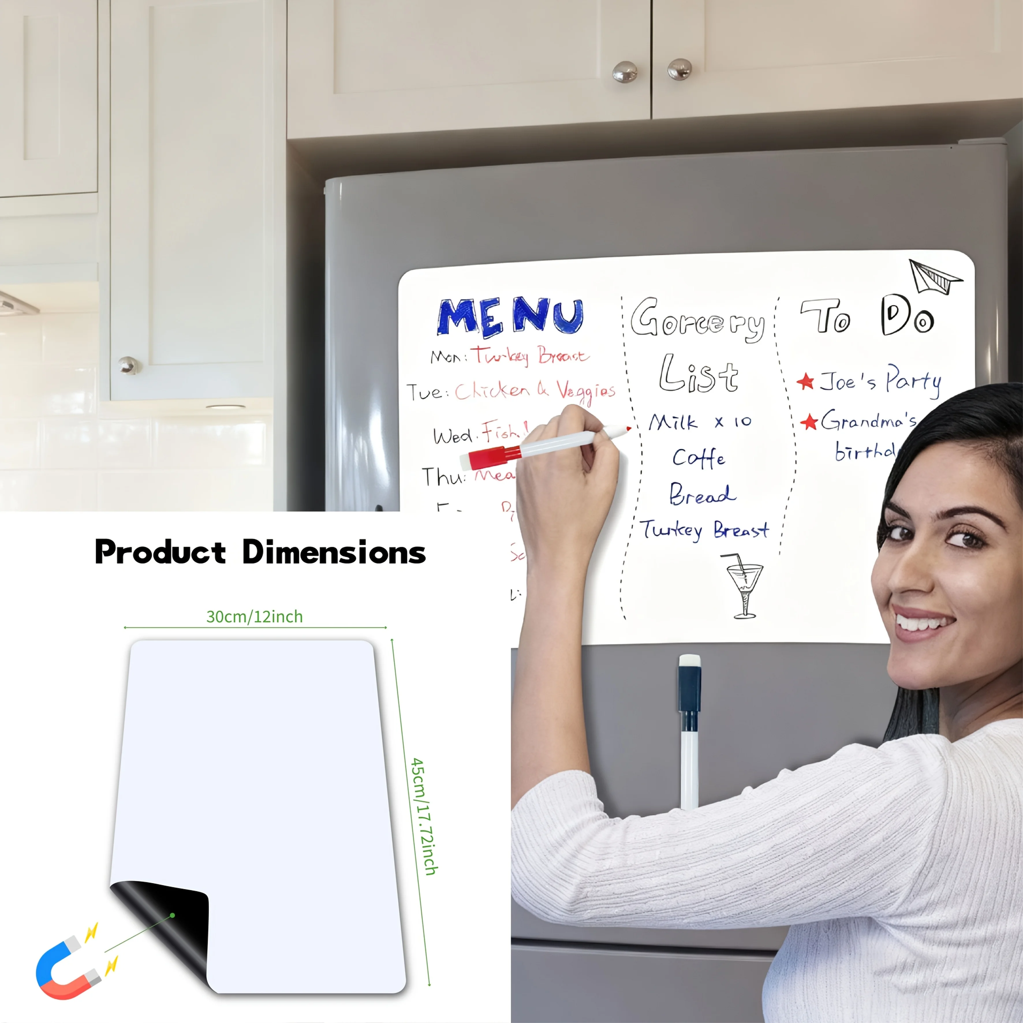 Pizarra magnética borrable en blanco, pizarra blanca para refrigerador con varios tamaños a elegir, lista de compras de cocina casera