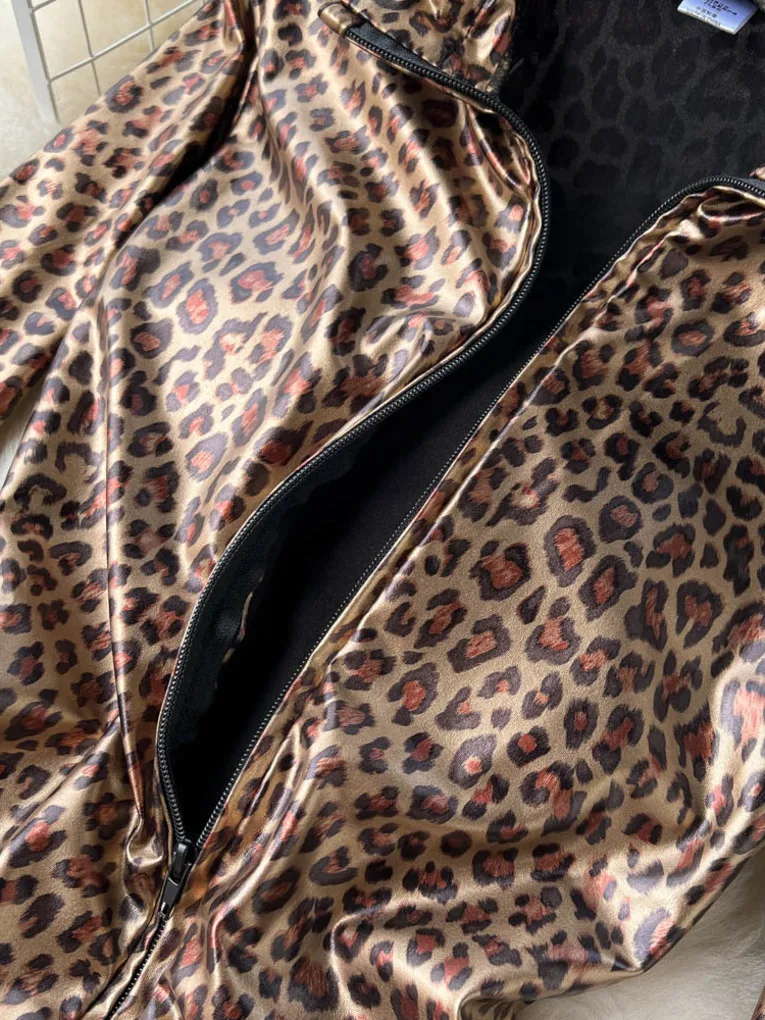 Foamlina Sexy Leopard Print PU Leather Jumpsuit Women New Sprint Autumn Zipper Up Stand Collar Long Sleeve Pencil Pants Overalls