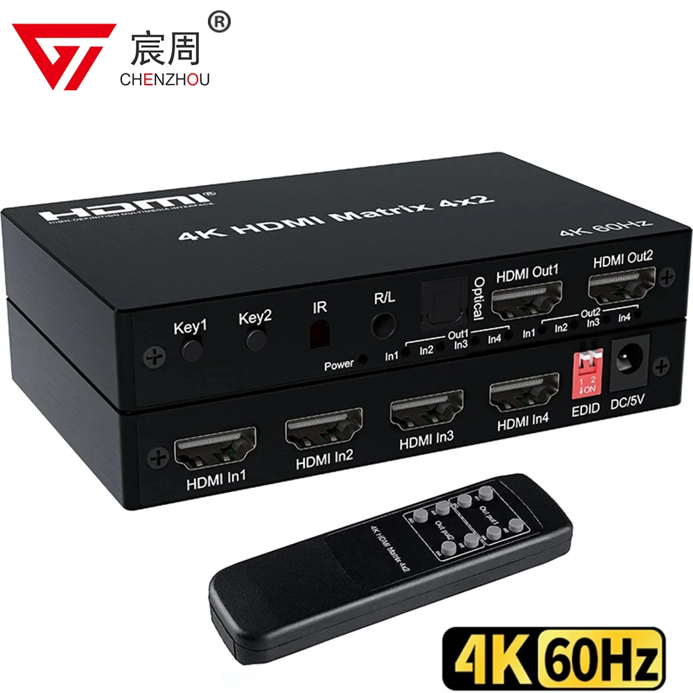 4K HDMI True Matrix Switcher 4x2 2x4 2x2 Matrix HDMI Switch Splitter 2 In 4 Out with Optical & R/L Audio Extractor HDCP2.2