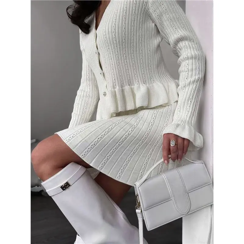 CYL-Women's Two-Piece Knit Set Long Sleeve V-Neck Sweater With Ruffle Hem Mini Skirt Loungewear