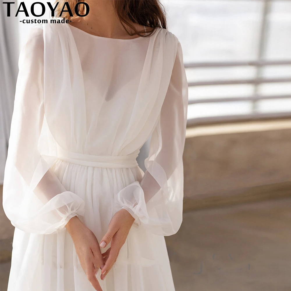 Boho A Line Wedding Dresses Simple Chiffon Puff Sleeves O Neck Bridal Gowns Backless Sweep Train Bridal Gowns vestidos de novia