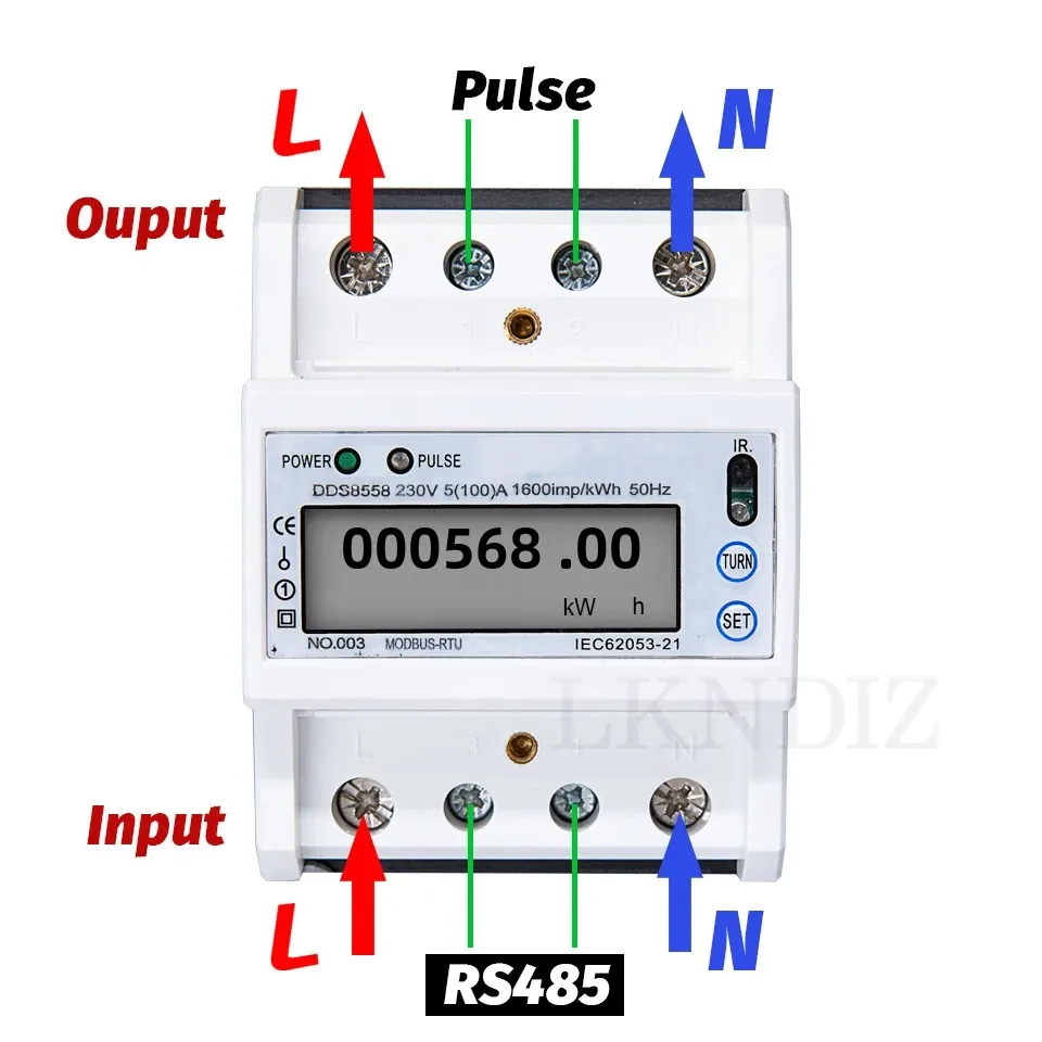 مقياس طاقة استهلاك كهربائي أحادي الطور 5 (100) شاشة Modbus-Rtu RS485 كيلووات في الساعة مع إضاءة خلفية لسكك الحديدية DIN