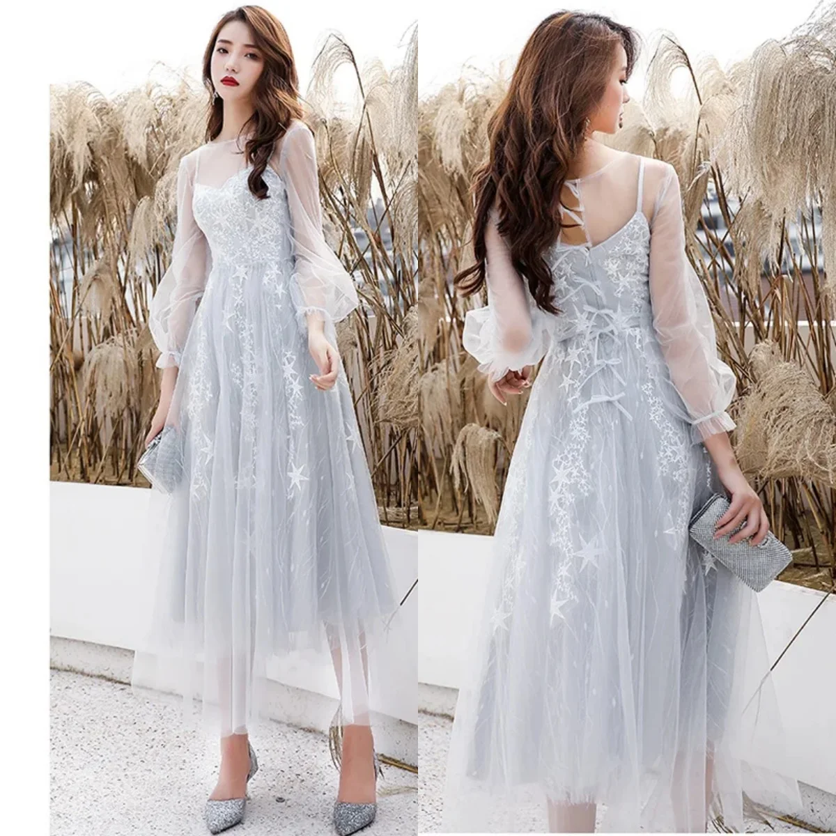 

Prom Dresses Gray Tulle Illusion Full Sleeves O-Neck A-Line Tea-length Plus size Women Party Formal Gown Vestidos De Gala LF227