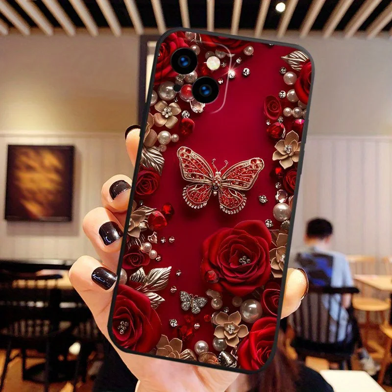 

Дизайнерский чехол с жемчужной бабочкой и розой для iPhone 17, 16, 15, 14, 13, 12, 11 Pro/Max/Plus, матовый мягкий чехол