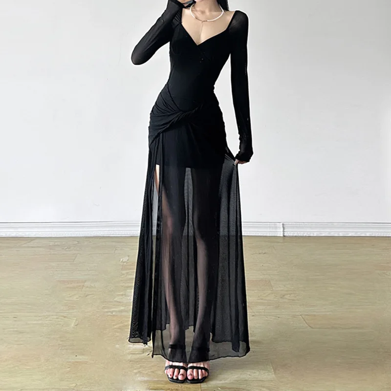 Goth Dark Techwear Elegant Fashion V-neck Irregular Hem Maxi Dress Female Gothic Party Gown Y2K Hot Mesh Patchwork Flods Dresses