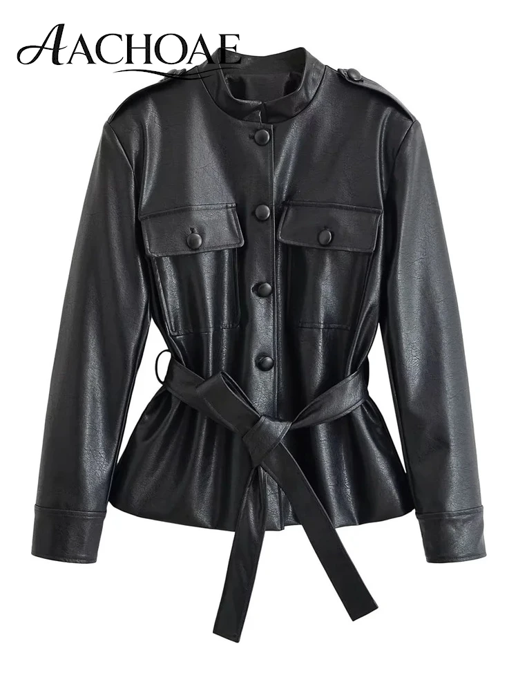 AACHOAE Women PU Leather Jacket Belted Waist Coat Stand Collar Button Front Long Sleeve Casual Vintage Faux Leather Outerwear