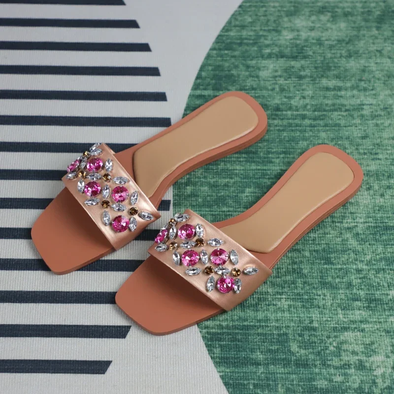 Z Brand Design Summer New Women Sandals Fashion Flat Heels Beach Slides for Female Flower Colorful Diamond Outside Shoes