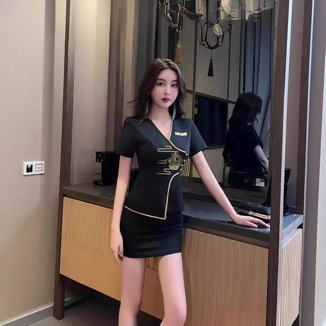 Dark Womens Work Clothes Set Hotel Waiter Beauty Hairdressing Spa Massage Nail Art Coffee Foot Bath Sauna Technician Dress