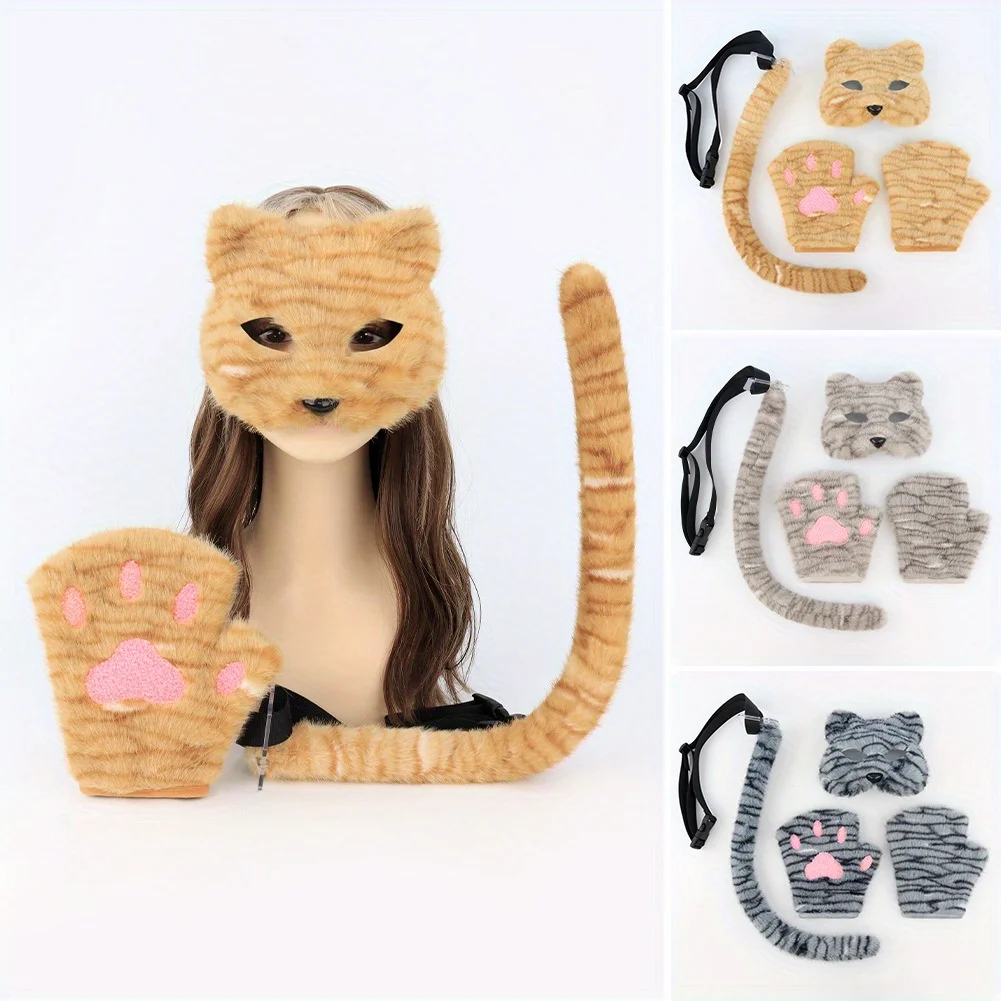 

Halloween Essentials: Realistic Cat Mask + Plush Beast Tail Gloves, Handmade Three-piece Cosplay Prop Accessories