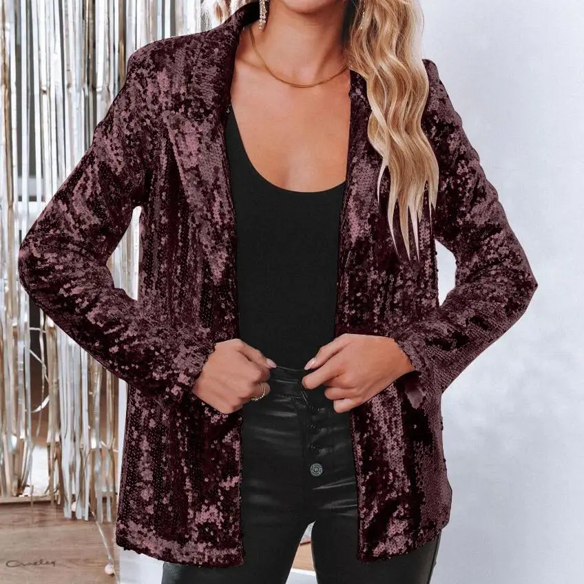 New Fashion Long Sleeve Turn-down Collar Solid Color Slim Fit Sequin Suit Jacket For Women,10 Colors