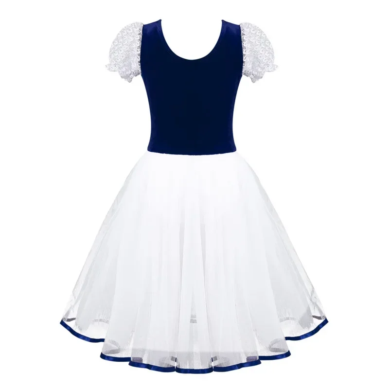 Romantic Tutu Giselle Ballet Costumes Girls Child Velet Tulle Skating Dress Ballerina Bubble Short Sleeve Lace-up Summer Dress