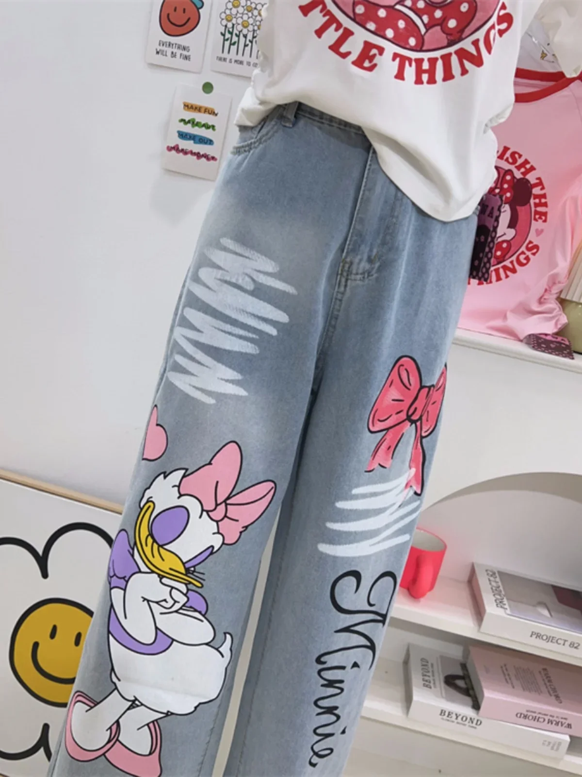 Cute Cartoon Printed Wide Leg Jeans for Women Spring Summer Loose Light Blue Straight Long Pants High Waist Jeans Female Student