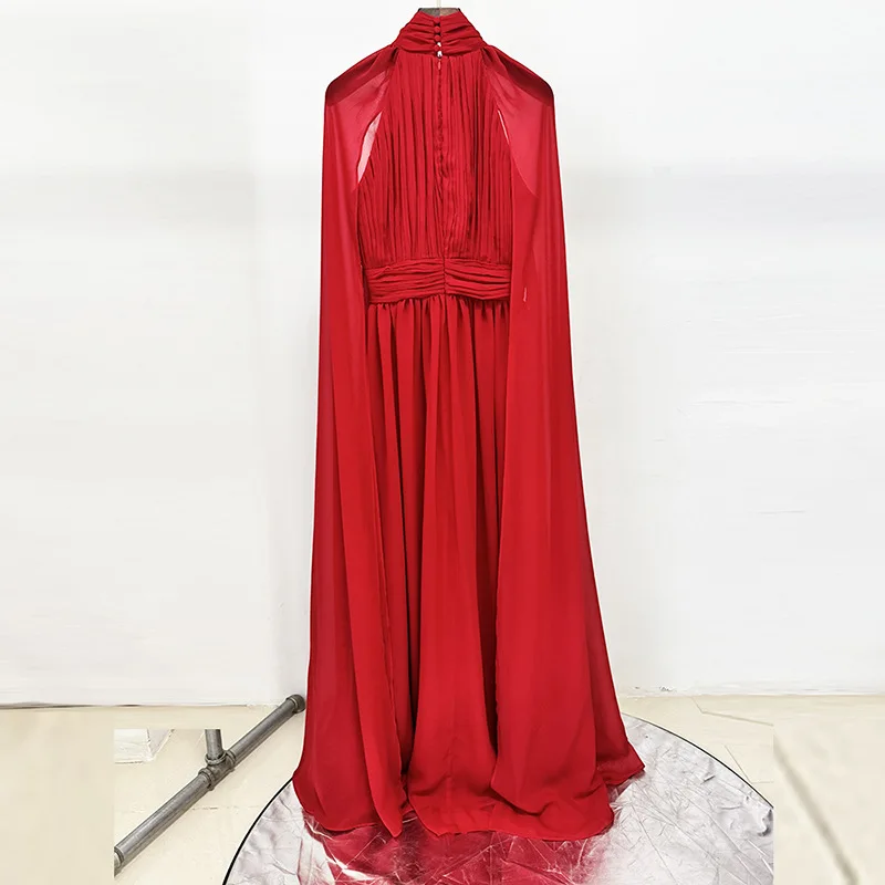 TWOTWINSTYLE rouge transparent épissé plis robes élégantes pour les femmes col haut manches cape tunique mode longue robe femme vêtements