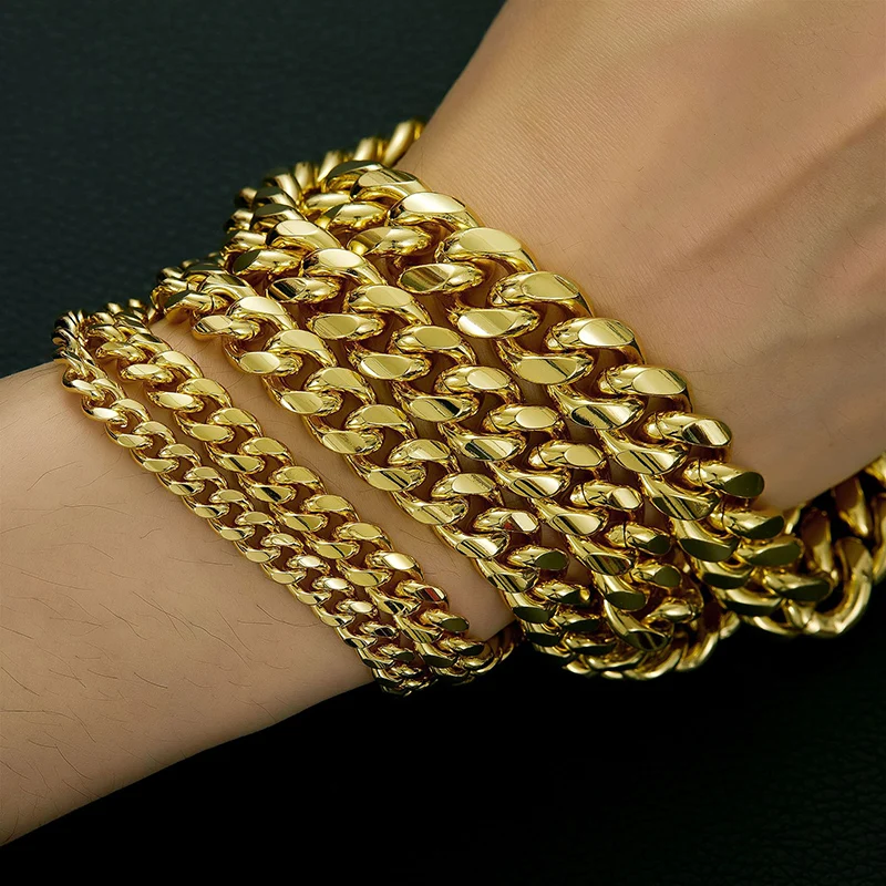 6-14mm Bling Gold Color Stainless Steel Cuban Miami Chains Necklaces CZ Zircon Box Lock Link Chain for Men Hip Hop Rock jewelry