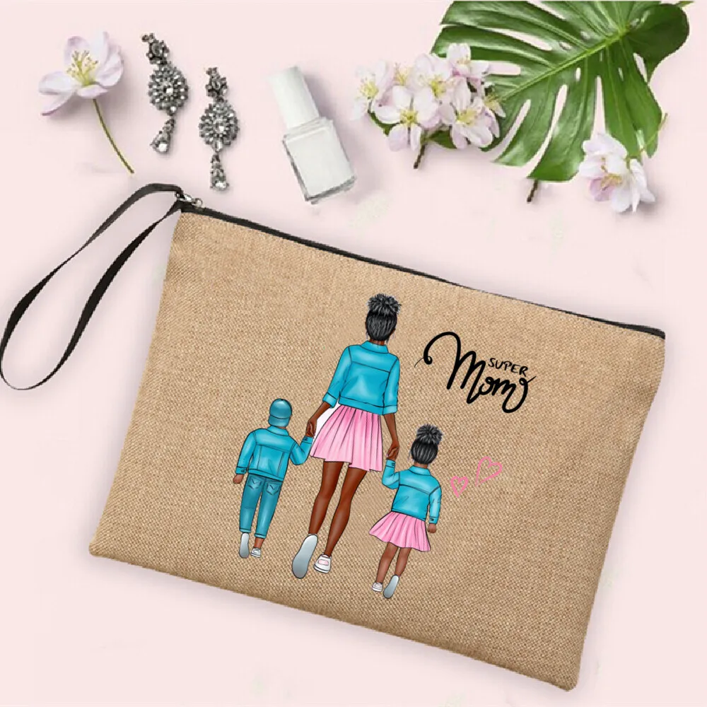 Women Neceser Makeup Bag Linen Zipper Pouch Super Mom Print Cosmetic Bag Travel Toiletry Organizer Bag Mothers Day Gift for Mama