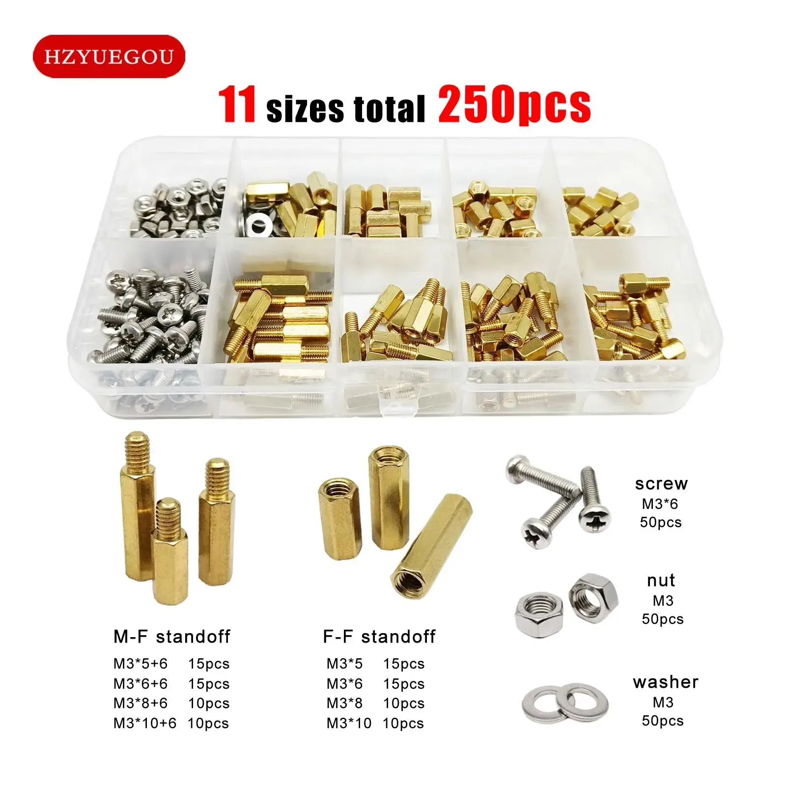 250pcs M3 Solid Brass Copper Hex Standoff Hexagon Pillar Spacer Column Screw Nut Washer Assortment Kit Set for PCB Motherboard