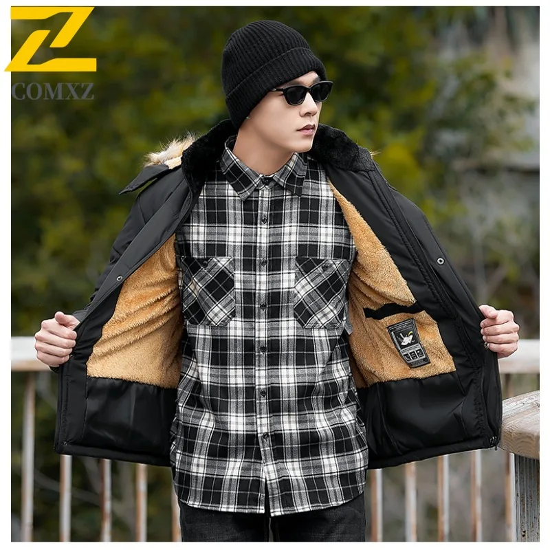 سترة شتوية بغطاء للرأس للرجال مع زخرفة من الفرو وبطانة من الصوف السميك مقاومة للماء ومضادة للرياح معطف حراري فضفاض مناسب للخروج سترة غير رسمية #5