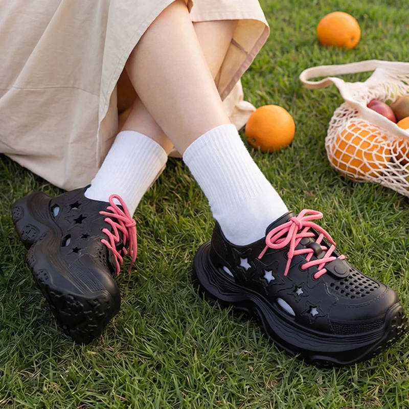 Solid Color Chunky Platform Lace Up Sports Shoes Women 2026 Summer Casual Breathable Clogs Sandals Woman Slip On Non-Slip Mules - view 3